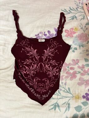 Misope USA Burgundy Scalloped-Strap Camisole with Pink Floral Scroll - Size L